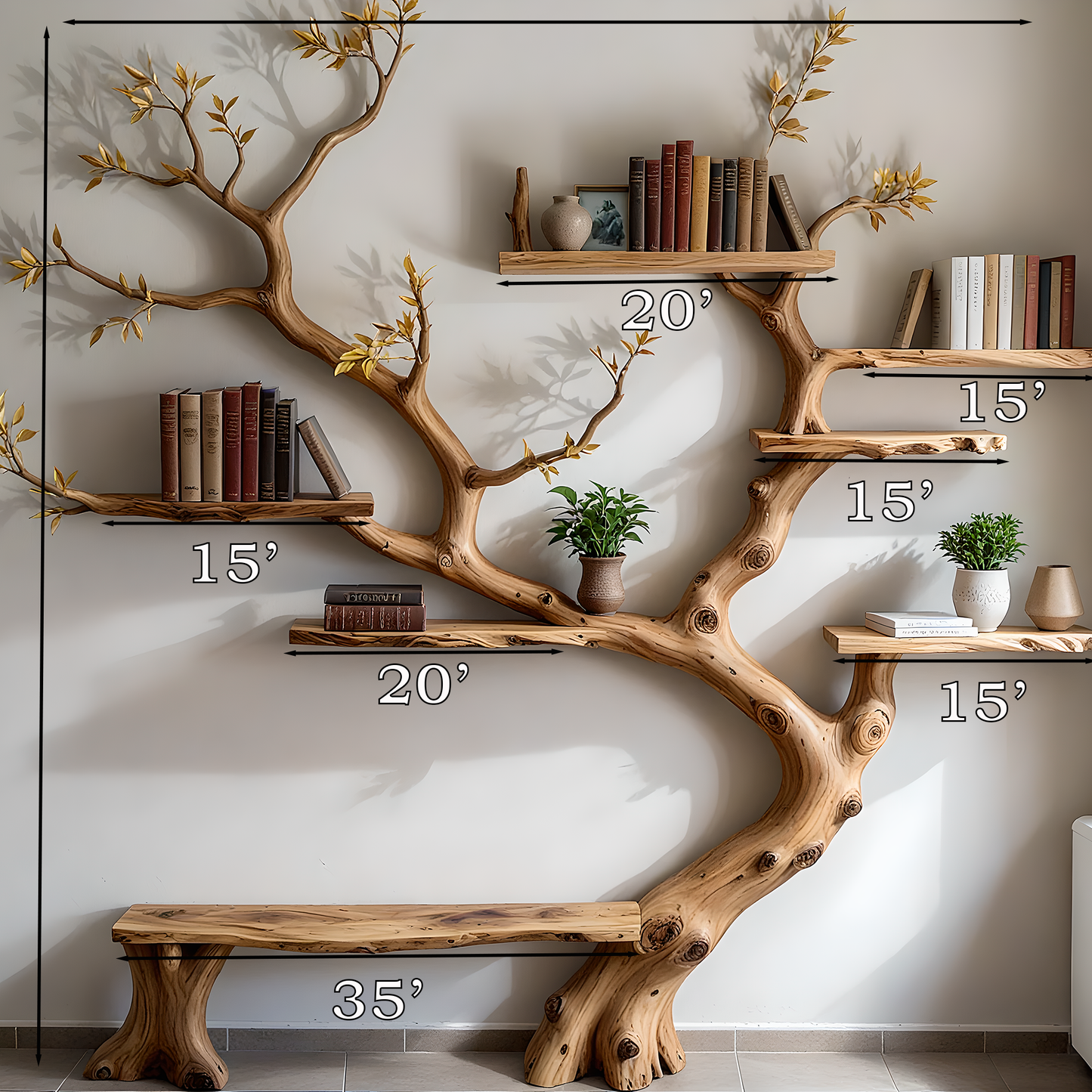 Golden Leaf Tree Bookshelf – Handcrafted Japandi Organic Wall Sculpture in Natural Wood Material