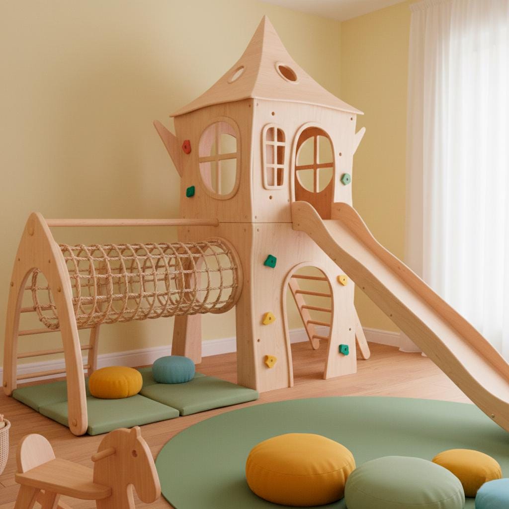 Wooden Indoor Playset for Children, Climbing Net, Slide, and Integrated Play House for Kids