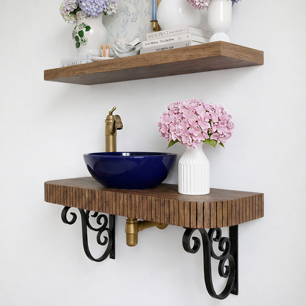 Modern Wooden Wall Mounted Bathroom Vanity Shelf With Metal Brackets For Bathroom