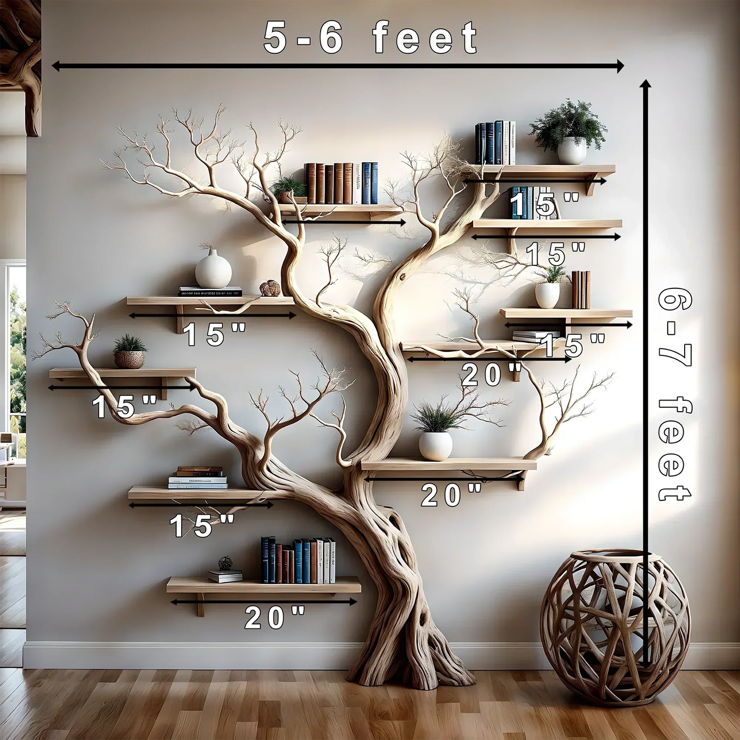 Driftwood Solid Wood Tree Bookshelf – Organic Sculptural Wall Shelf