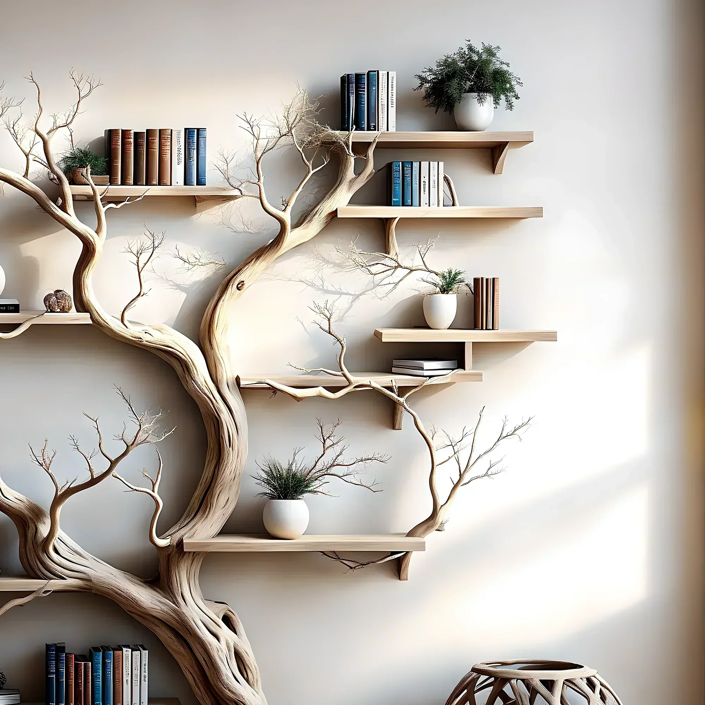 Driftwood Solid Wood Tree Bookshelf – Organic Sculptural Wall Shelf