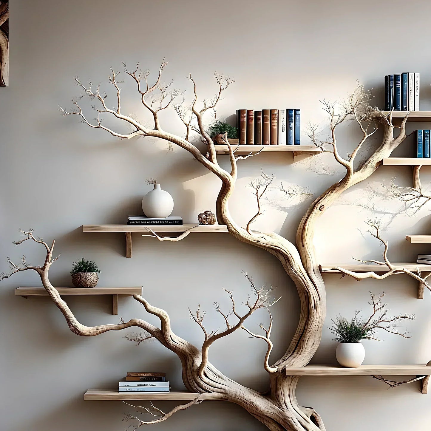 Driftwood Solid Wood Tree Bookshelf – Organic Sculptural Wall Shelf