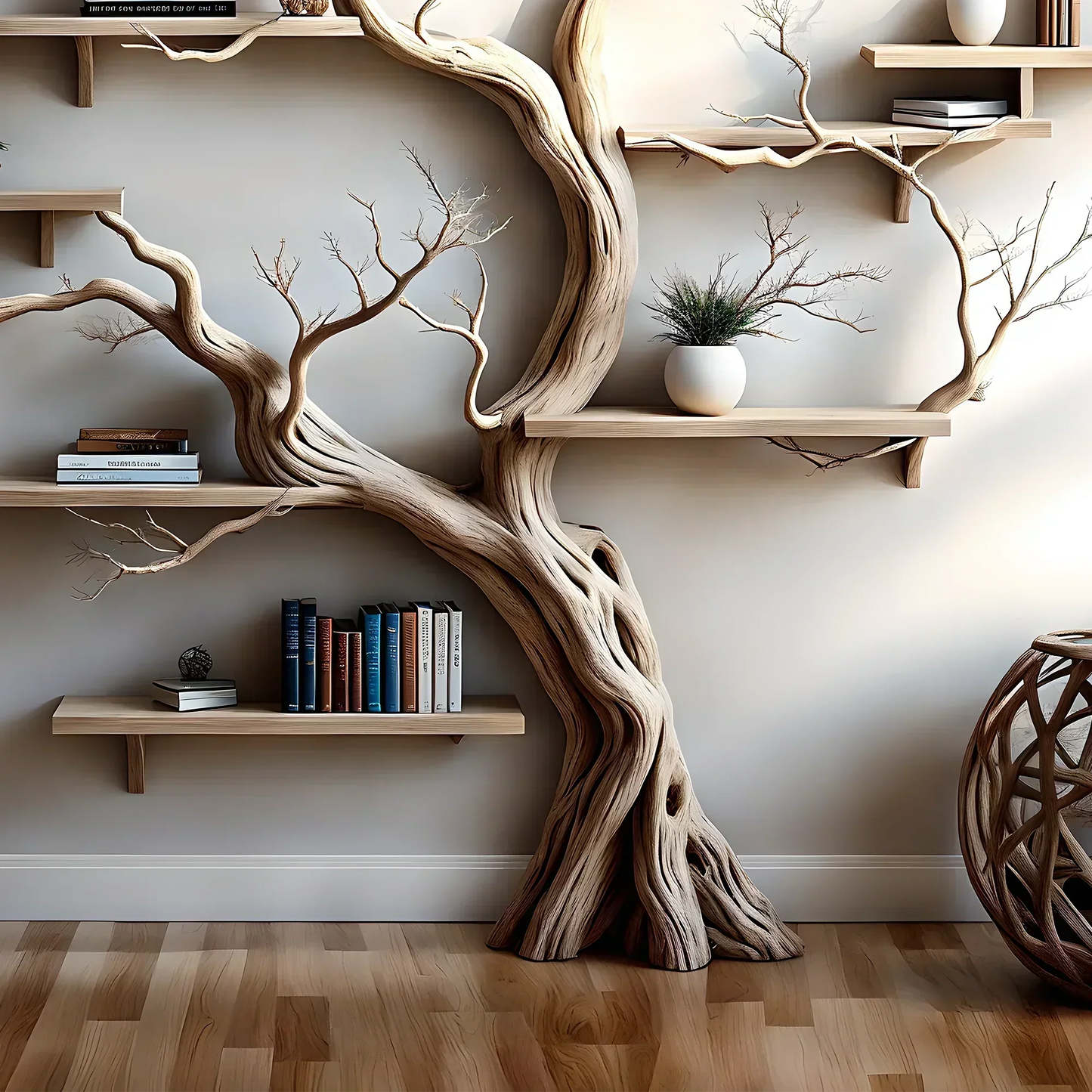 Driftwood Solid Wood Tree Bookshelf – Organic Sculptural Wall Shelf