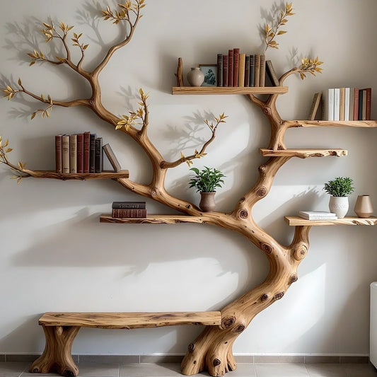 Golden Leaf Tree Bookshelf – Handcrafted Japandi Organic Wall Sculpture in Natural Wood Material