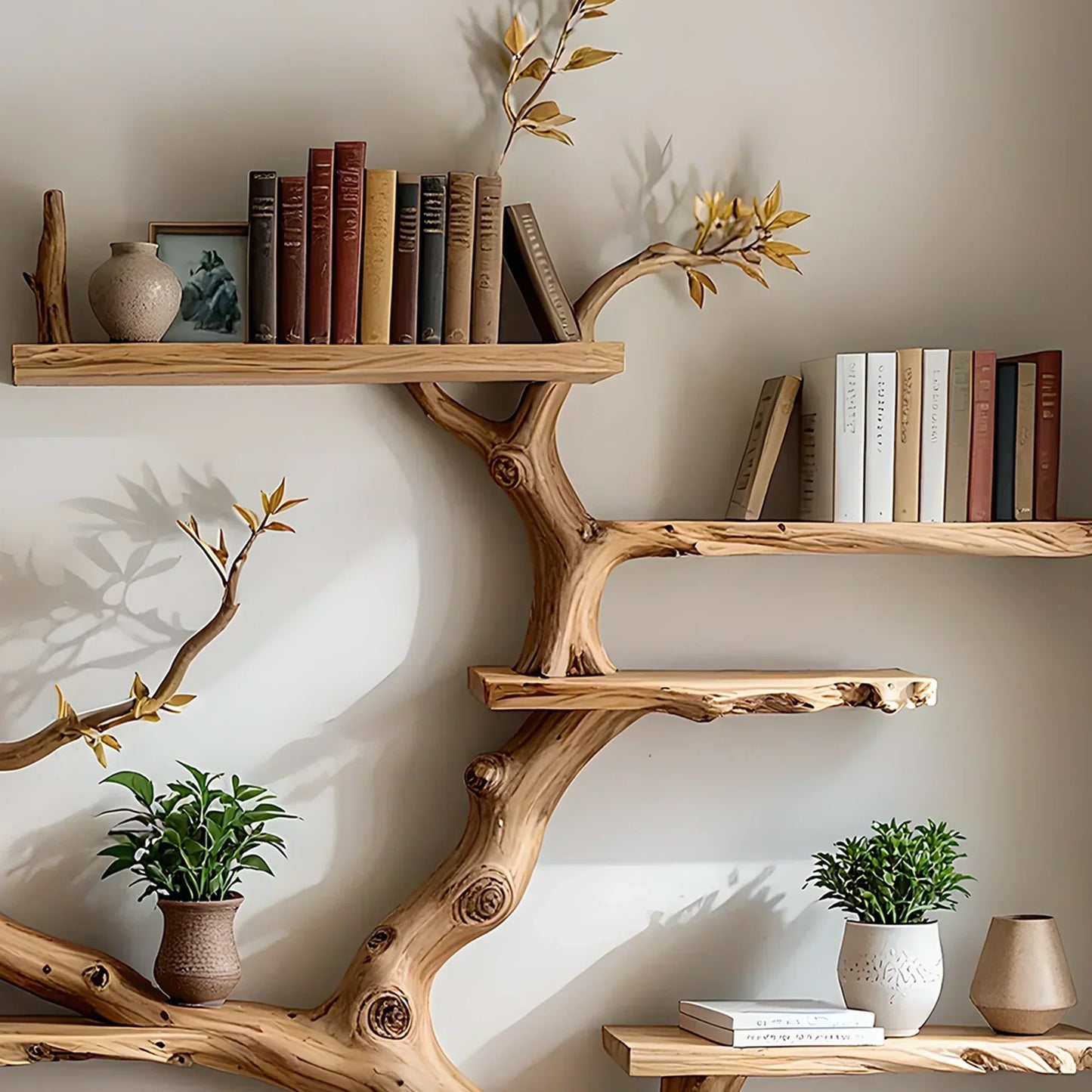 Golden Leaf Tree Bookshelf – Handcrafted Japandi Organic Wall Sculpture in Natural Wood Material