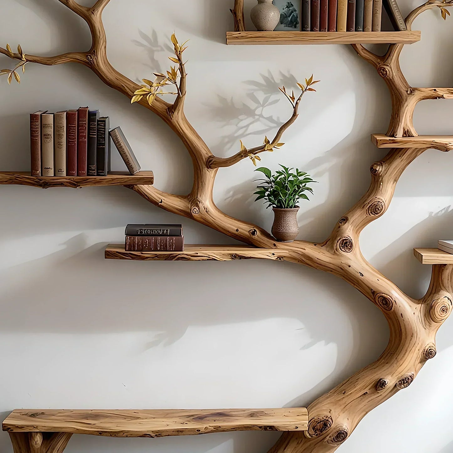 Golden Leaf Tree Bookshelf – Handcrafted Japandi Organic Wall Sculpture in Natural Wood Material