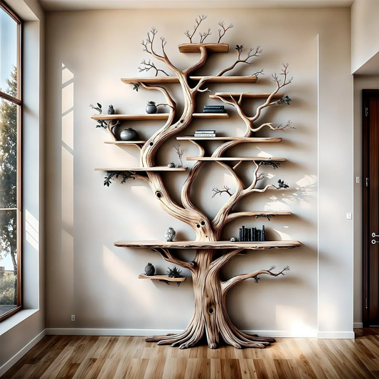 Grand Solid Wood Tree Bookshelf – Sculptural Wall Art Shelf