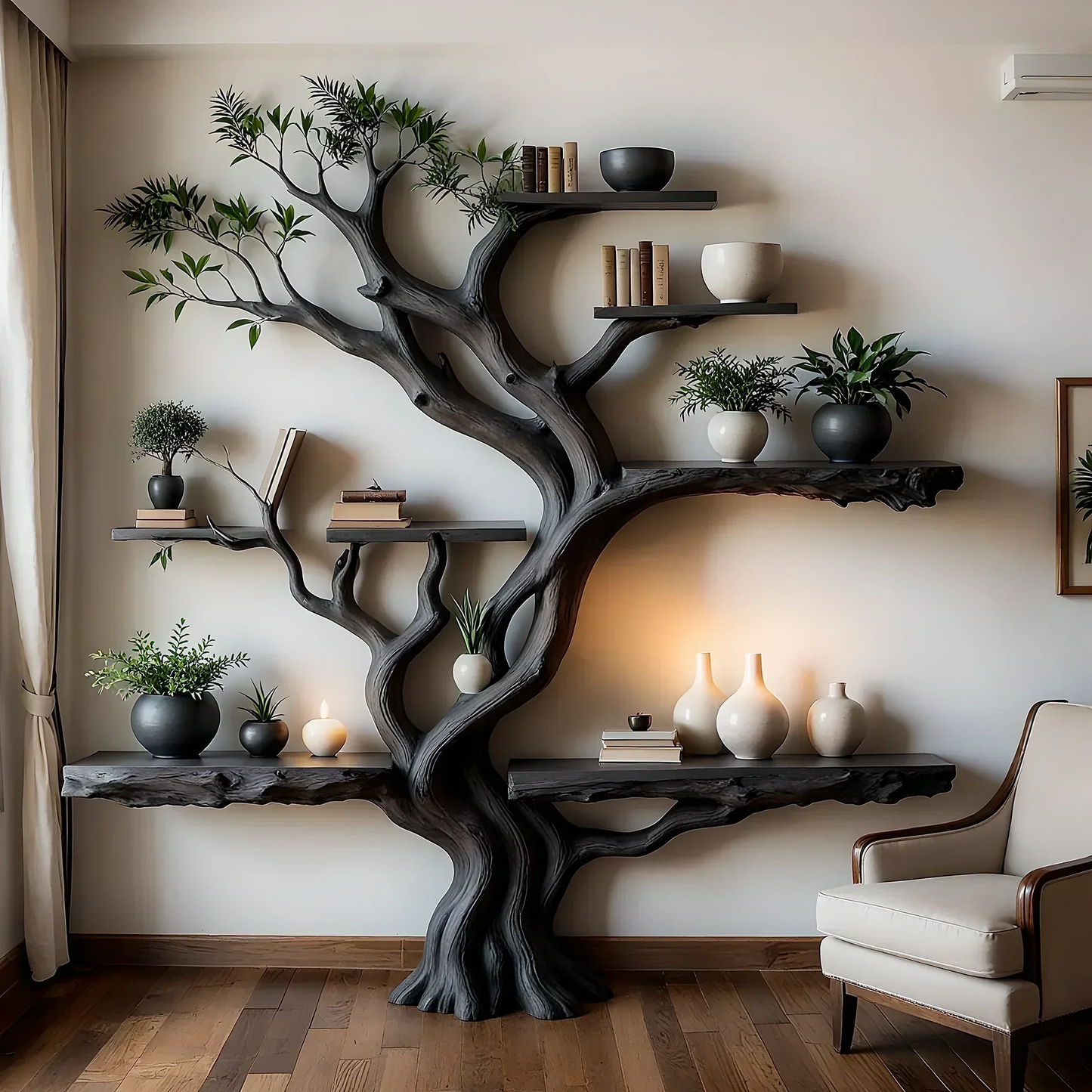 Japandi Tree Bookshelf – Handcrafted Sculptural Design in Natural Wood Material