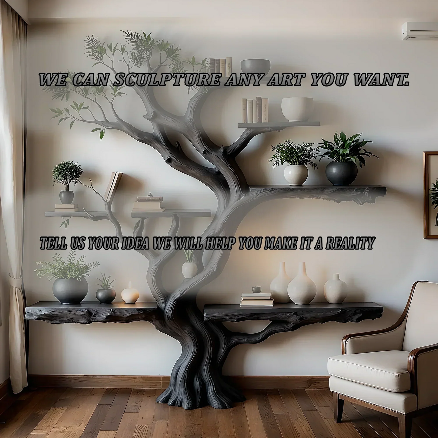 Japandi Tree Bookshelf – Handcrafted Sculptural Design in Natural Wood Material