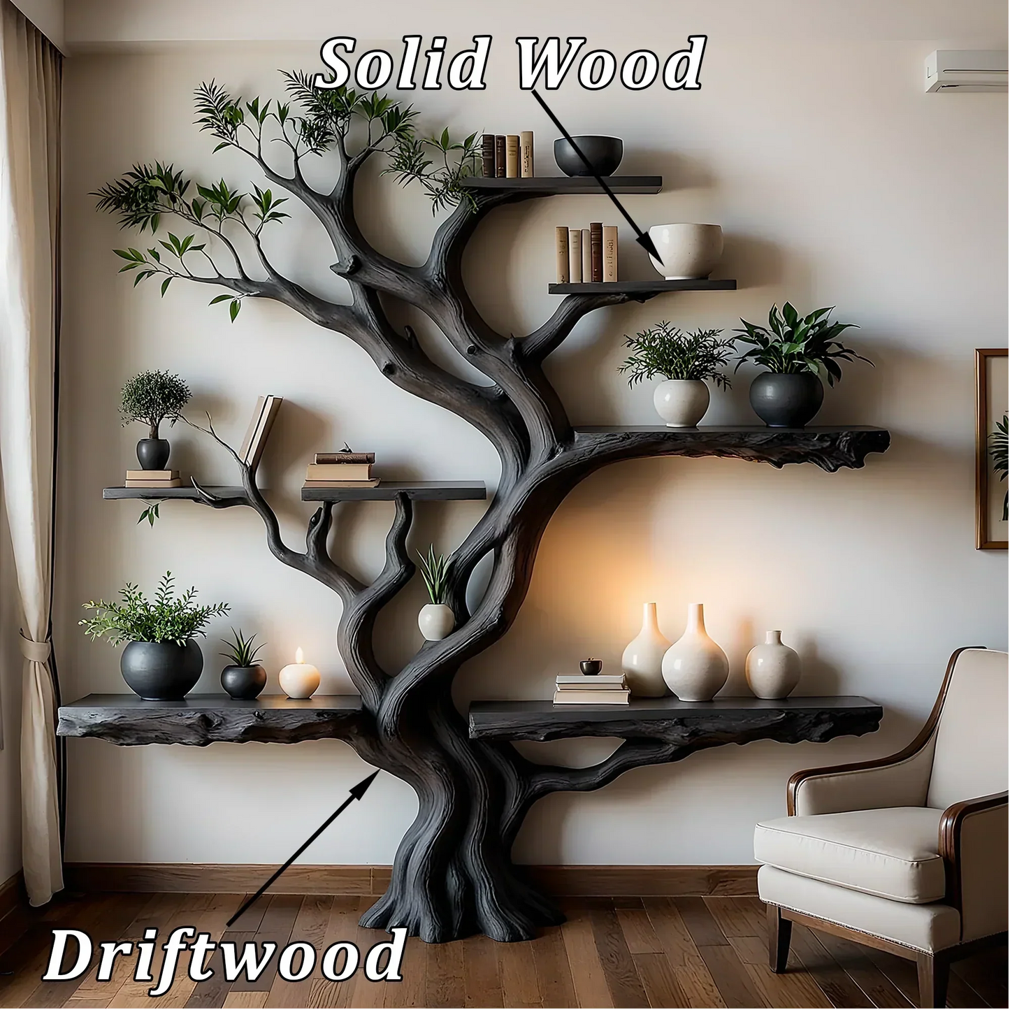 Japandi Tree Bookshelf – Handcrafted Sculptural Design in Natural Wood Material