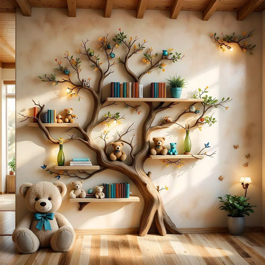 Kids Tree Bookshelf – Handcrafted Wooden Storybook Wall Shelf in Natural Wood Material