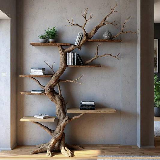 Solid Wood Tree Branch Bookshelf – Rustic Handmade Wall Decor
