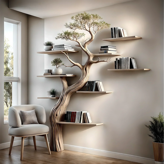 Tall Curved Tree Bookshelf – Handmade Solid Wood Wall Display