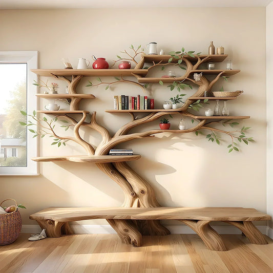 Tree Bookshelf with Extended Bench – Handmade Organic Solid Wood Wall Shelf