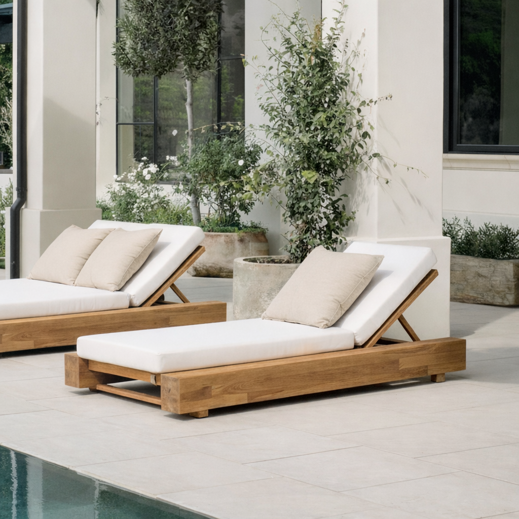 Adjustable Wooden Chaise Lounge with Cushions for Outdoor
