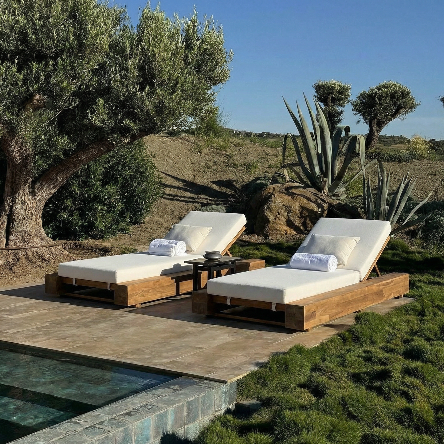 Adjustable Wooden Chaise Lounge with Cushions for Outdoor