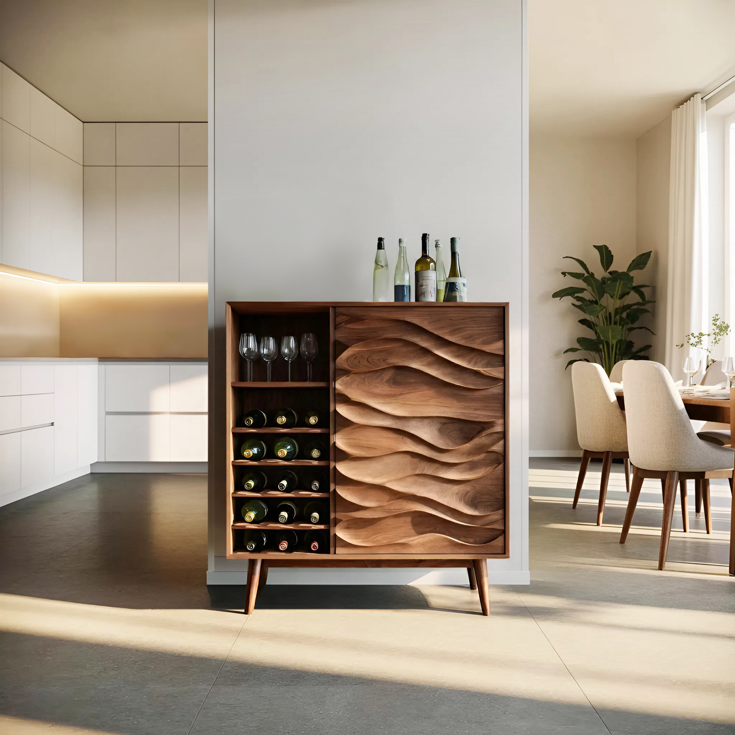Sculptural Wine Cabinet With Wave Carved Doors For Kitchen
