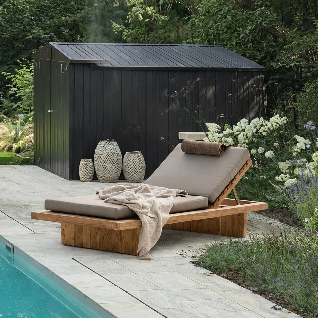 Chaise Lounge with Adjustable Backrest and Wooden Base for Outdoor