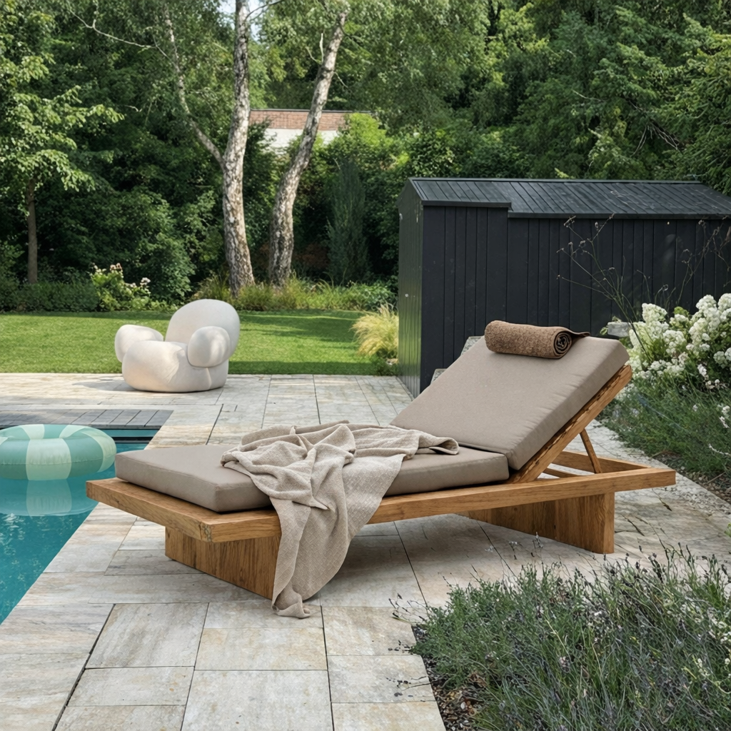 Chaise Lounge with Adjustable Backrest and Wooden Base for Outdoor