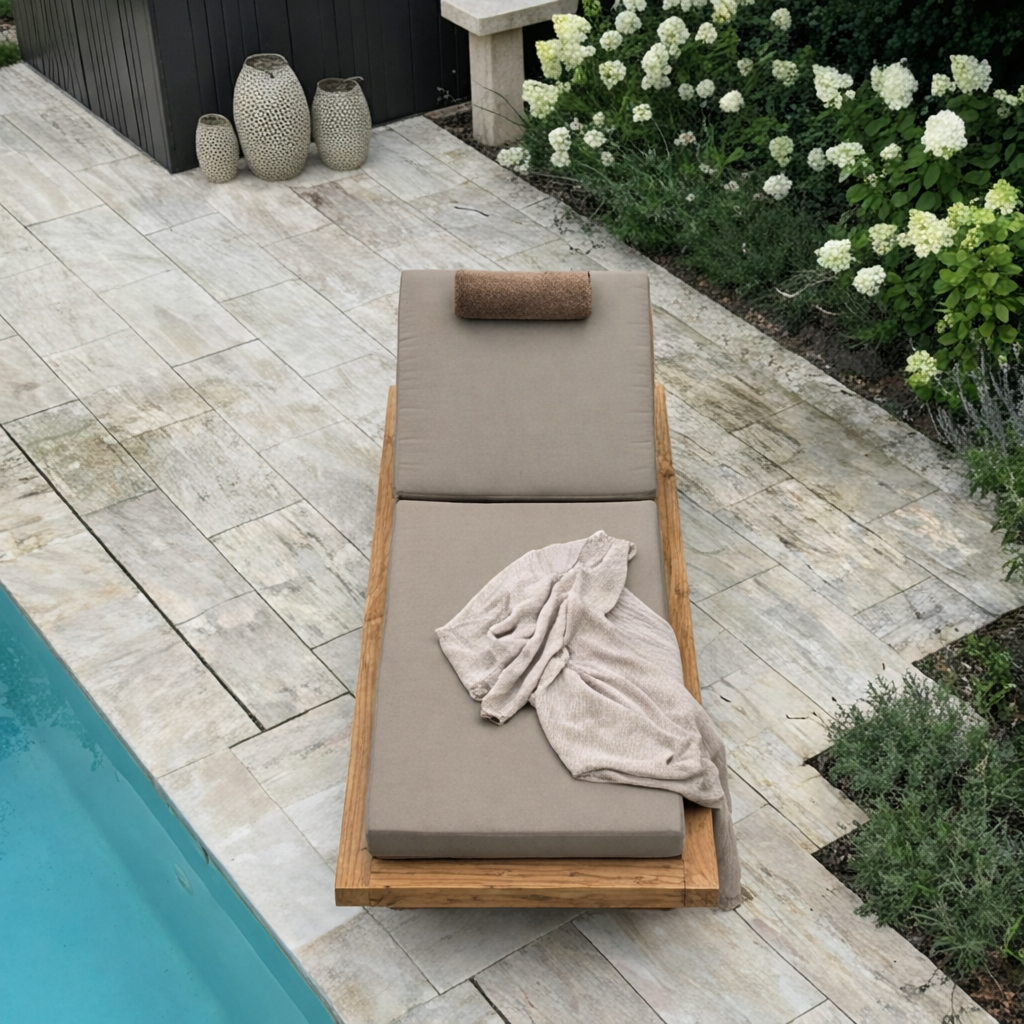 Chaise Lounge with Adjustable Backrest and Wooden Base for Outdoor