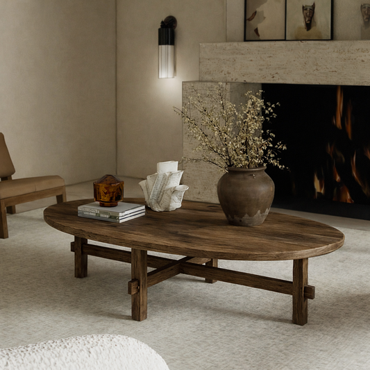 Classic Low Profile Oval Coffee Table With Structured Wood Base For Living Room