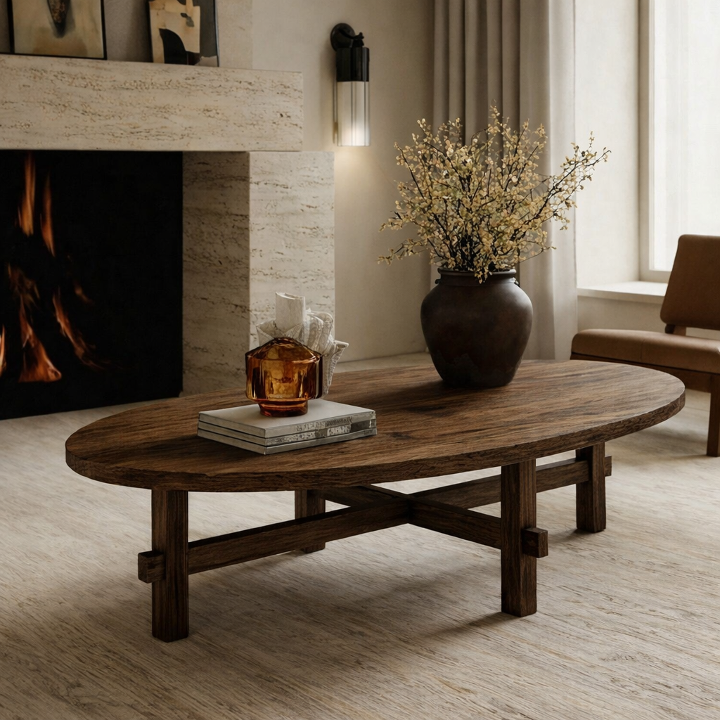 Classic Low Profile Oval Coffee Table With Structured Wood Base For Living Room