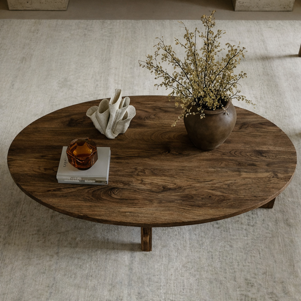 Classic Low Profile Oval Coffee Table With Structured Wood Base For Living Room