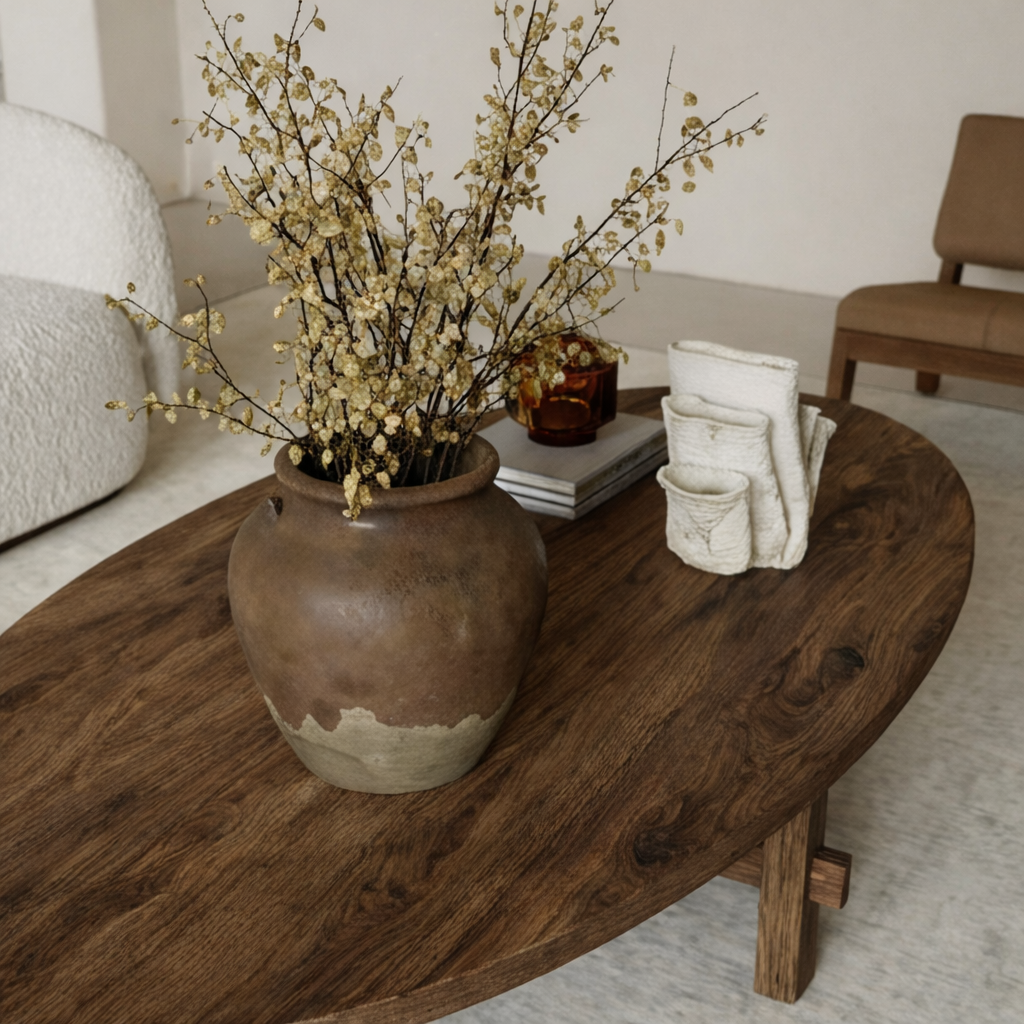 Classic Low Profile Oval Coffee Table With Structured Wood Base For Living Room