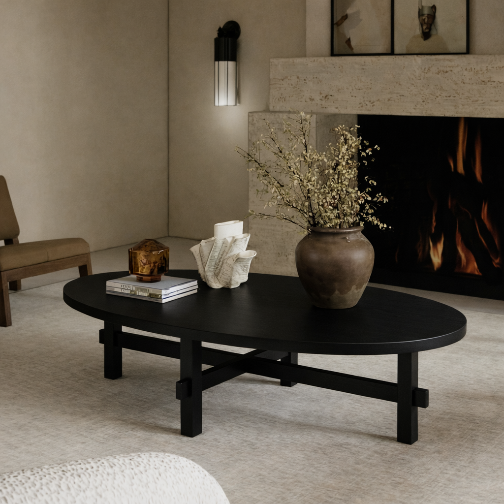 Classic Low Profile Oval Coffee Table With Structured Wood Base For Living Room