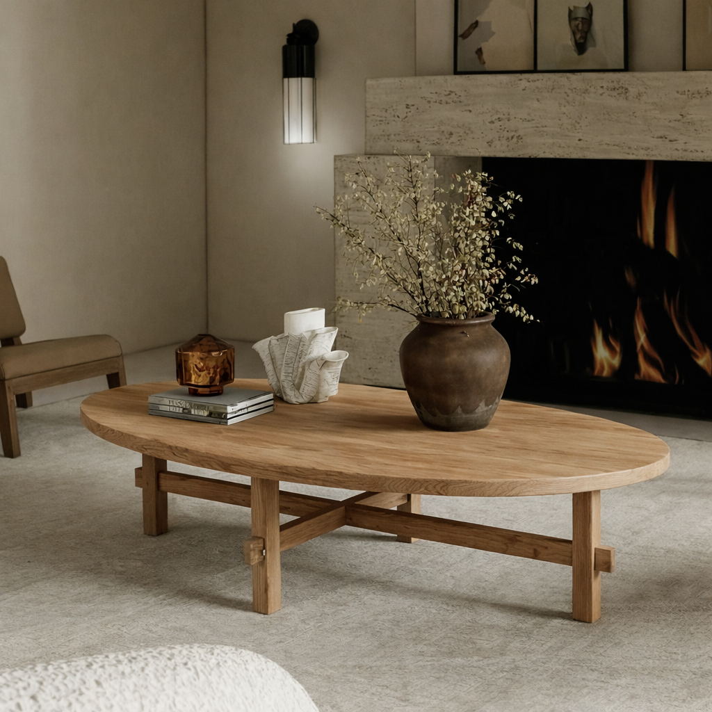 Classic Low Profile Oval Coffee Table With Structured Wood Base For Living Room