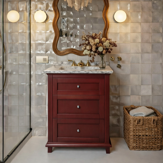 Classic Wooden Bathroom Vanity With Drawer Storage And Faux Stone Wood Top For Bathroom