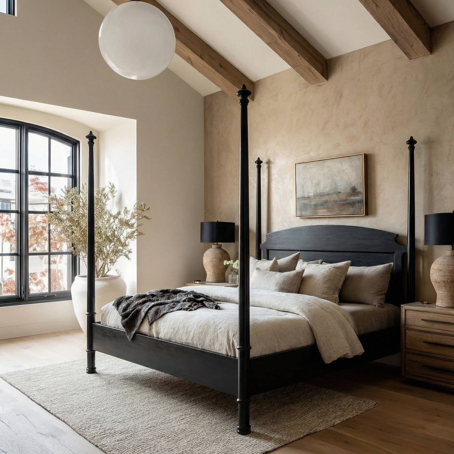 Classic Wooden Canopy Bed With Turned Posts And Curved Headboard For Bedroom