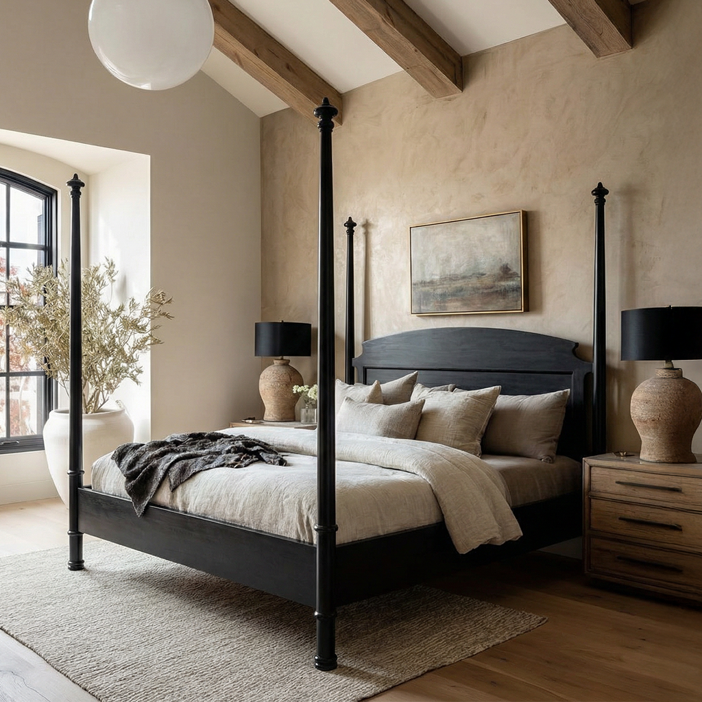 Classic Wooden Canopy Bed With Turned Posts And Curved Headboard For Bedroom