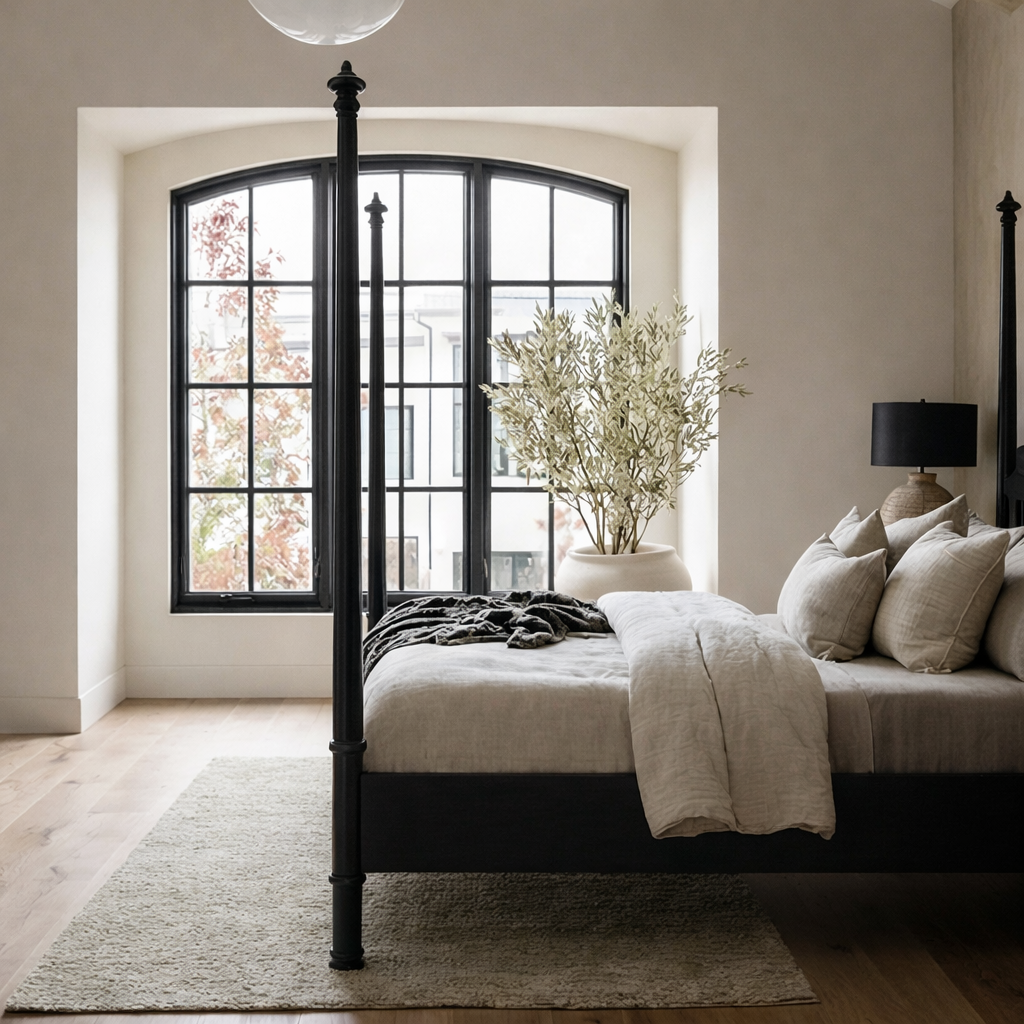 Classic Wooden Canopy Bed With Turned Posts And Curved Headboard For Bedroom