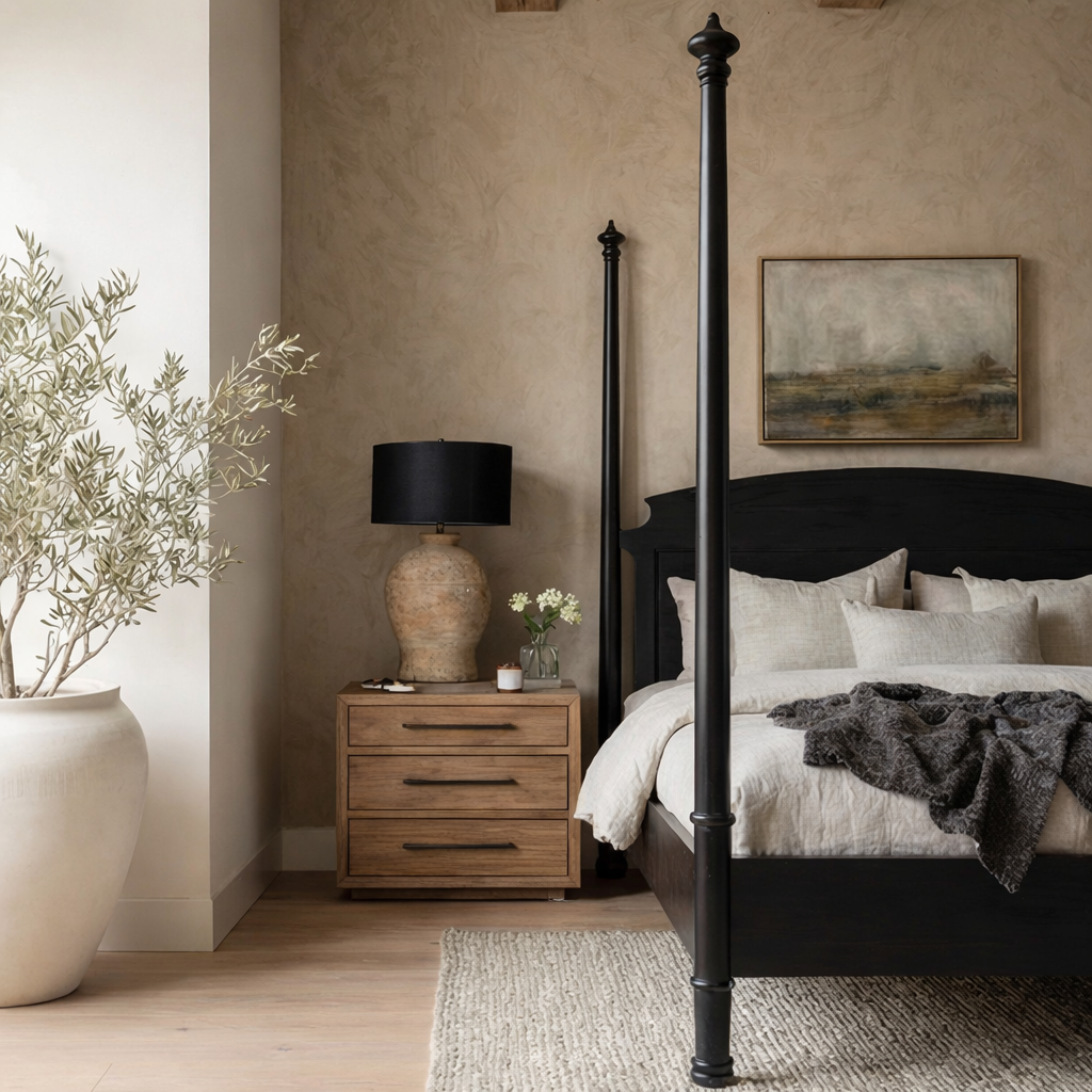 Classic Wooden Canopy Bed With Turned Posts And Curved Headboard For Bedroom