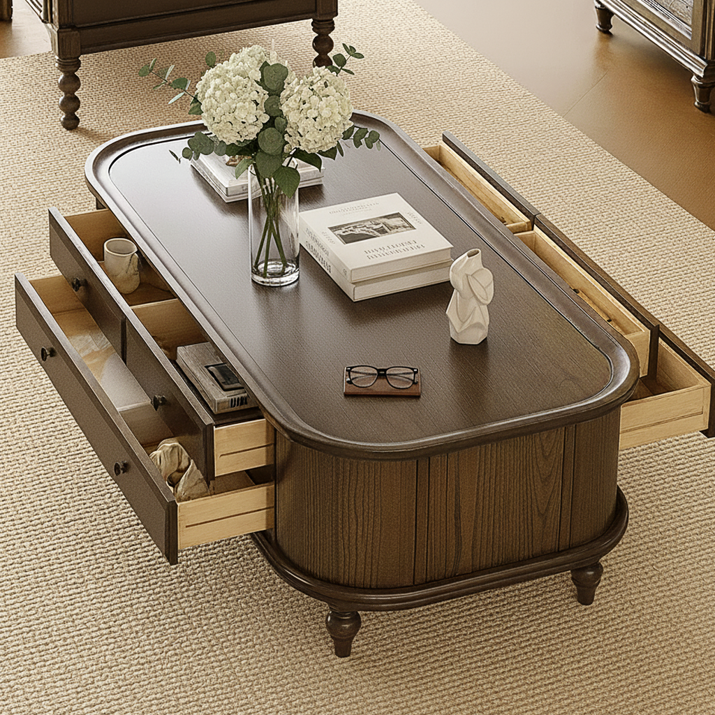 Classic Wooden Coffee Table With Turned Legs And Storage Drawers