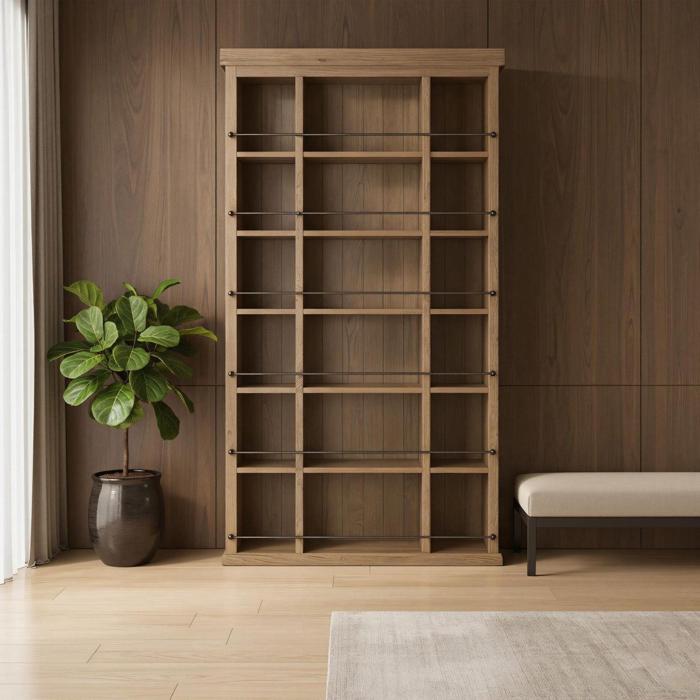 Farmhouse Solid Wood Bookshelf With Grid Shelves