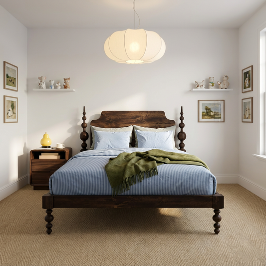 Farmhouse Wooden Bed Frame With Turned Post Headboard For Bedroom