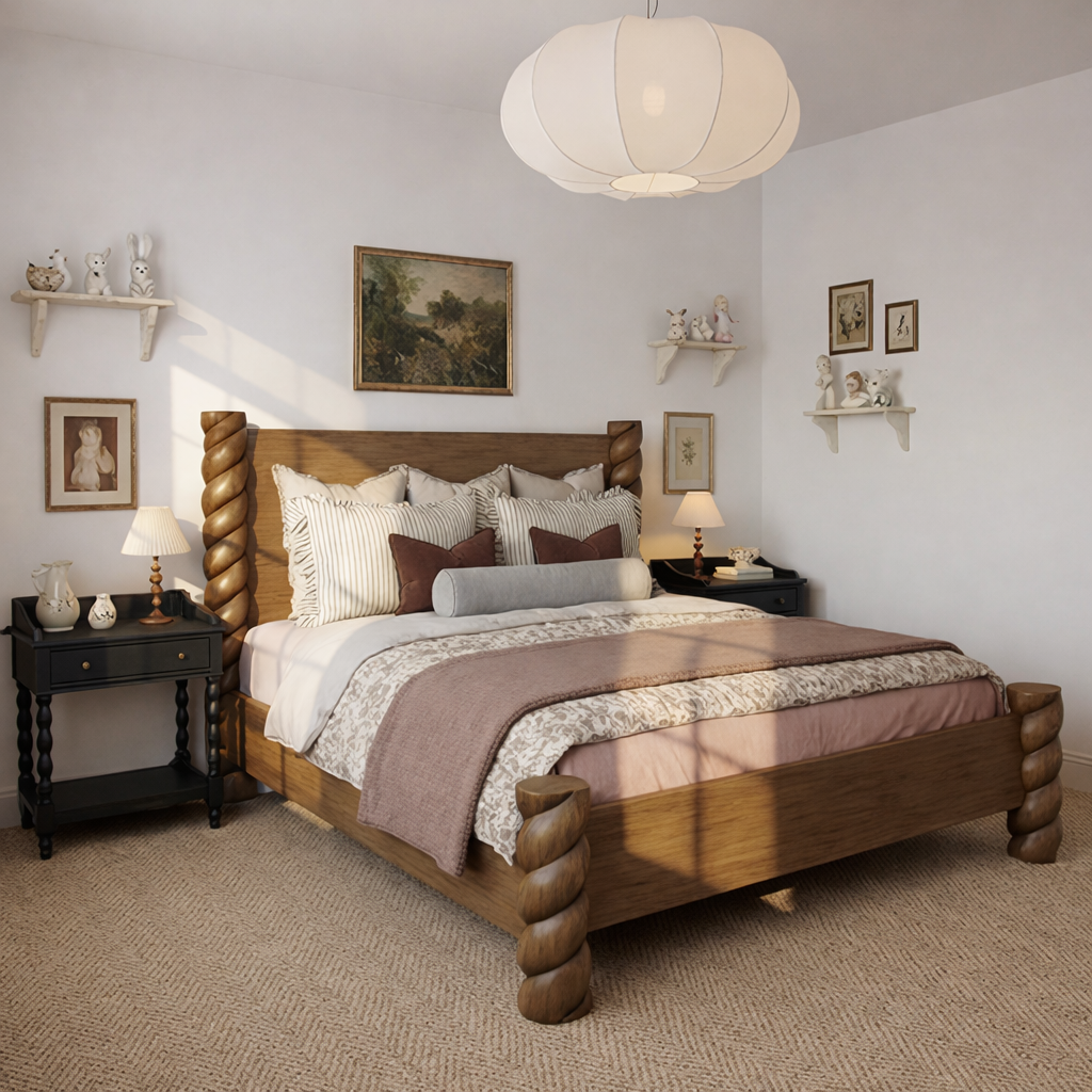 Farmhouse Wooden Bed Frame With Twist Post Headboard For Bedroom