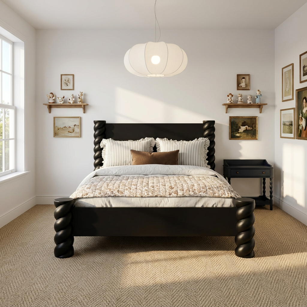 Farmhouse Wooden Bed Frame With Twist Post Headboard For Bedroom