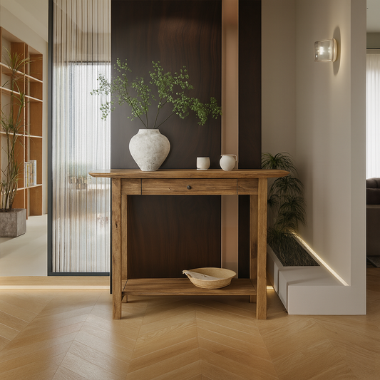 Farmhouse Wooden Console Table With Drawer And Lower Shelf