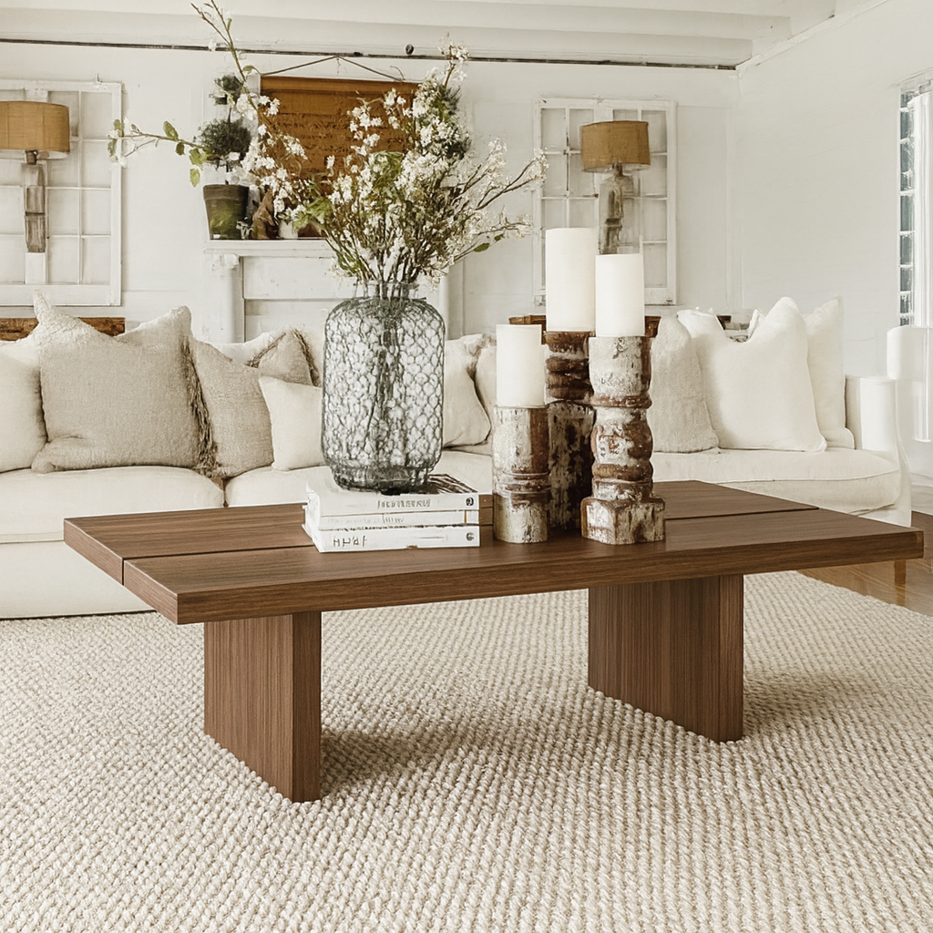 Farmhouse Wooden Rectangular Coffee Table With Wide Panel Legs