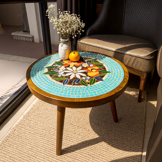French Country Round Wooden Coffee Table With Floral Mosaic Tile Top