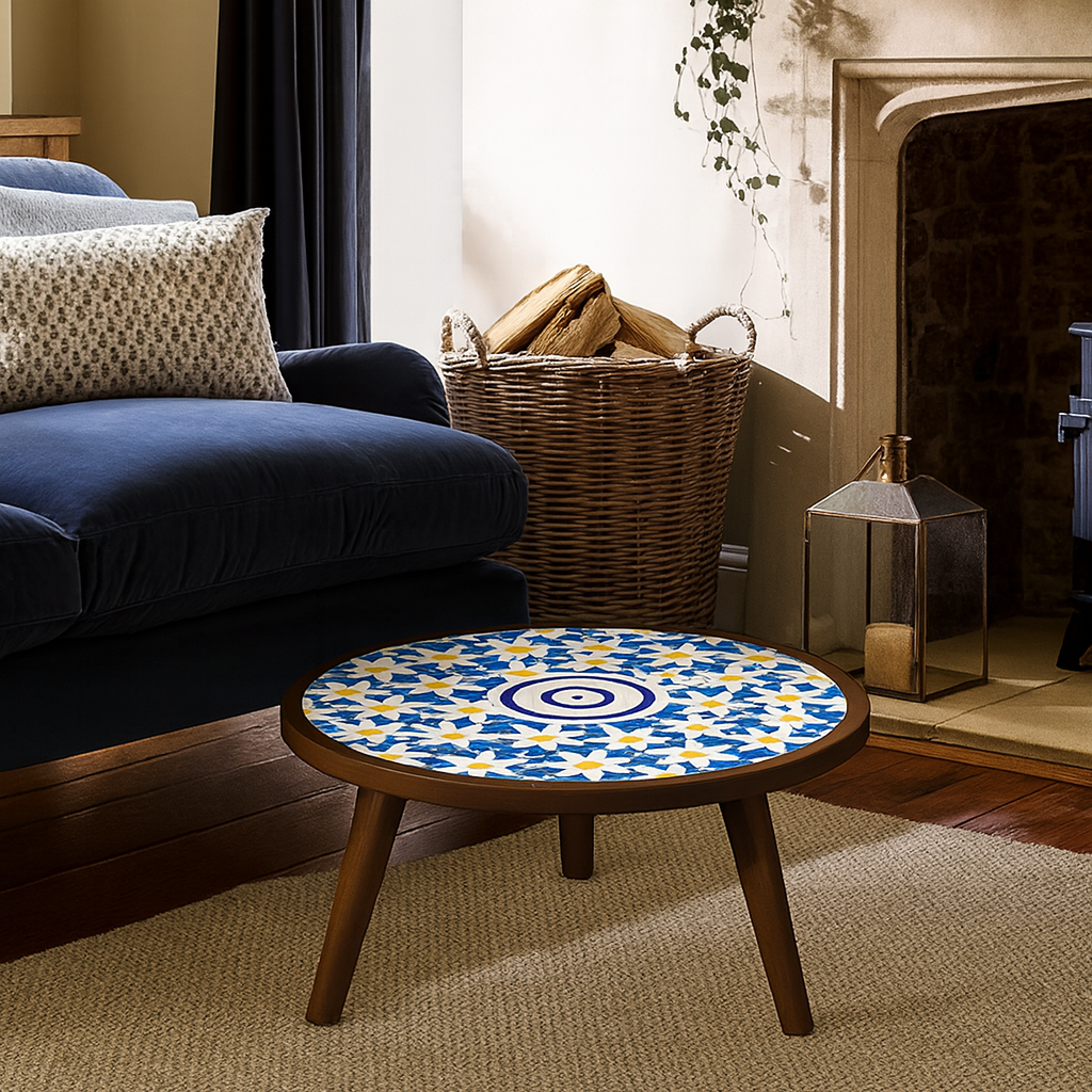 French Country Round Wooden Coffee Table With Mosaic Tile Top