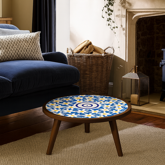 French Country Round Wooden Coffee Table With Mosaic Tile Top