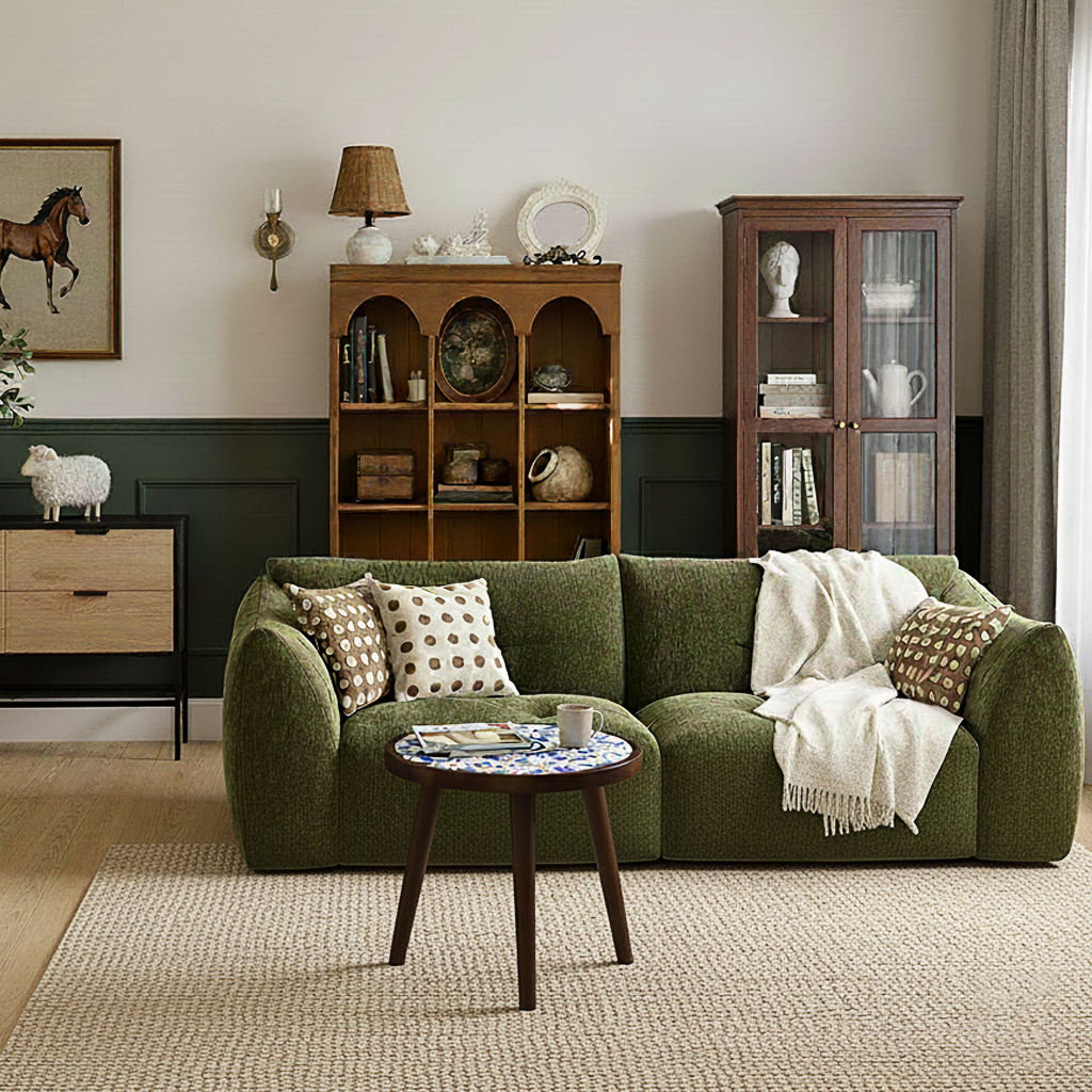 French Country Round Wooden Coffee Table With Mosaic Tile Top