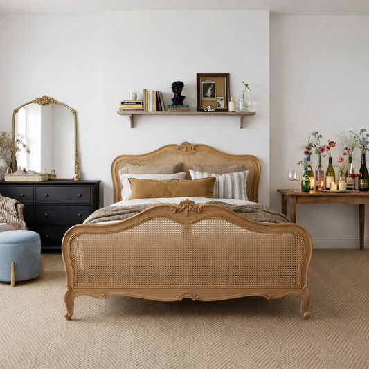 French Country Wooden Rattan Bed Frame With Woven Cane Panels For Bedroom