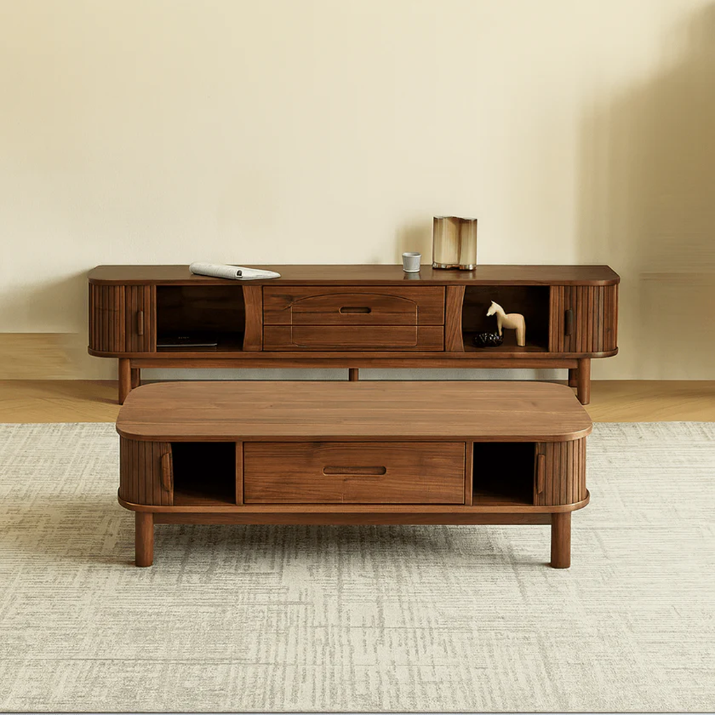 Mid-Century Fluted Wooden Coffee Table With Storage Drawer