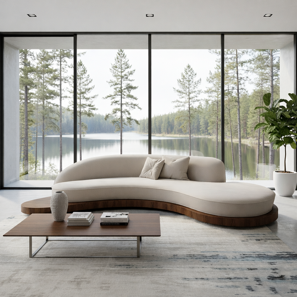 Modern Upholstered Curved Chaise Sofa With Wood Platform Base For Living Room