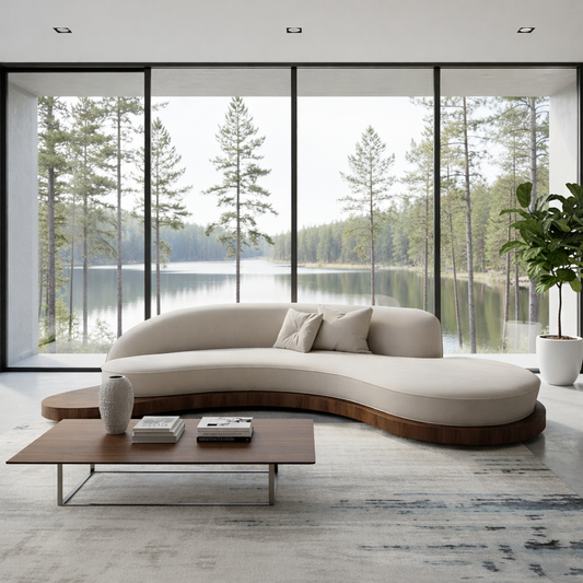 Modern Upholstered Curved Chaise Sofa With Wood Platform Base For Living Room